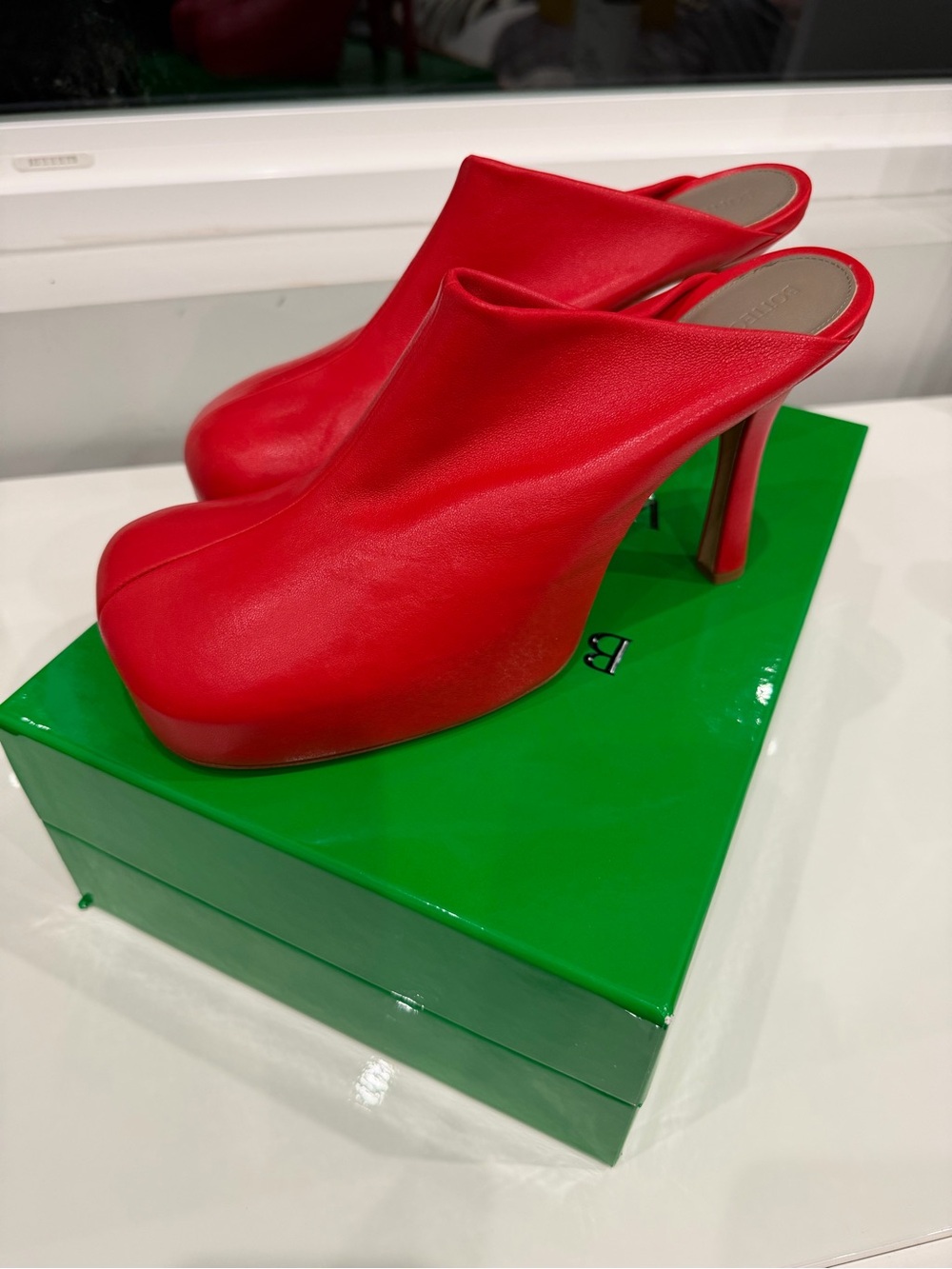 Bottega Veneta Red Platform Mule Heels